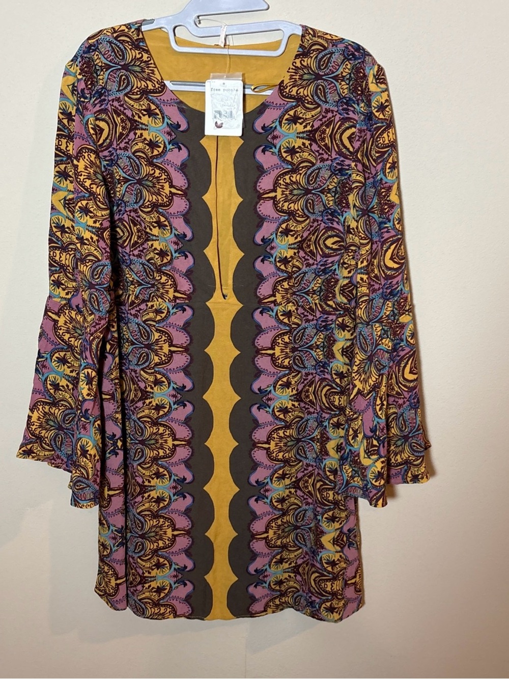 FREE PEOPLE Women’s Dress Ossie Vibes Gold w/ Bell Sleeves Tunic Sz 12 NEW Boho